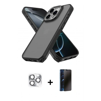 MARSİLYAN™- iPhone 16 Pro Max Kılıf Atlas Form - Siyah 3D Antistatik Hayalet Cam Ekran Koruyucu + Pers Alüminyum Kamera Lens - GS