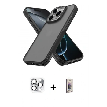 MARSİLYAN™- iPhone 16 Pro Max Kılıf Atlas Form - Siyah Bilvis 3D Cam Ekran Koruyucu + Pers Alüminyum Kamera Lens - GS