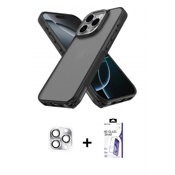 MARSİLYAN™- iPhone 16 Pro Max Kılıf Atlas Form - Siyah Bilvis 3X AR HD Cam Ekran Koruyucu + Pers Alüminyum Kamera Lens - GS