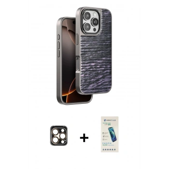 MARSİLYAN™- iPhone 16 Pro Max Kılıf Atlas Minimal Özel Seri - Şeffaf Pasifik Cam Ekran Koruyucu + PVD Metal Kamera Lens - GD