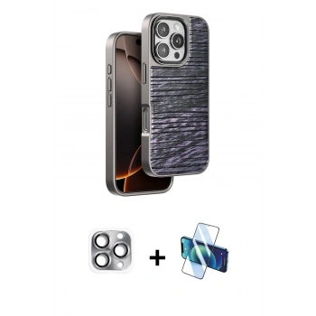 MARSİLYAN™- iPhone 16 Pro Max Kılıf Atlas Minimal Özel Seri - Siyah 3D Antistatik Cam Ekran Koruyucu + Pers Alüminyum Kamera Lens - GI