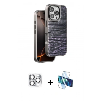 MARSİLYAN™- iPhone 16 Pro Max Kılıf Atlas Minimal Özel Seri - Siyah 3D Antistatik Cam Ekran Koruyucu + Pers Alüminyum Kamera Lens - GS