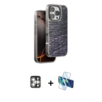 MARSİLYAN™- iPhone 16 Pro Max Kılıf Atlas Minimal Özel Seri - Siyah 3D Antistatik Cam Ekran Koruyucu + PVD Metal Kamera Lens - GS