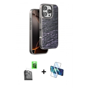 MARSİLYAN™- iPhone 16 Pro Max Kılıf Atlas Minimal Özel Seri - Siyah 3D Antistatik Cam Ekran Koruyucu + Raze Metal Kamera Lens - SH