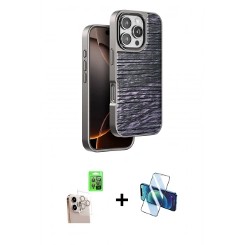 MARSİLYAN™- iPhone 16 Pro Max Kılıf Atlas Minimal Özel Seri - Siyah 3D Antistatik Cam Ekran Koruyucu + Raze Metal Kamera Lens - NLGY