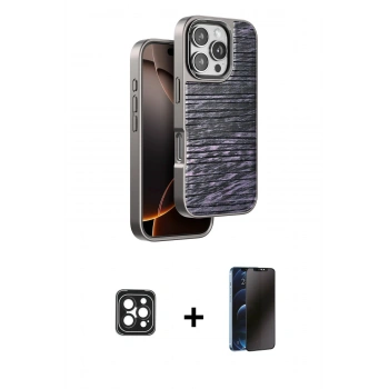 MARSİLYAN™- iPhone 16 Pro Max Kılıf Atlas Minimal Özel Seri - Siyah 3D Antistatik Hayalet Cam Ekran Koruyucu + PVD Metal Kamera Lens - SH