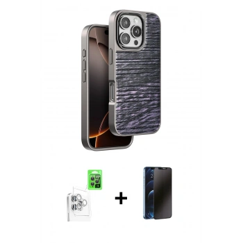 MARSİLYAN™- iPhone 16 Pro Max Kılıf Atlas Minimal Özel Seri - Siyah 3D Antistatik Hayalet Cam Ekran Koruyucu + Raze Metal Kamera Lens - BZ