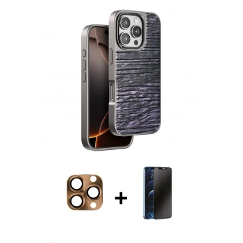 MARSİLYAN™- iPhone 16 Pro Max Kılıf Atlas Minimal Özel Seri - Siyah 3D Antistatik Hayalet Cam Ekran Koruyucu + Pers Alüminyum Kamera Lens - CLTM