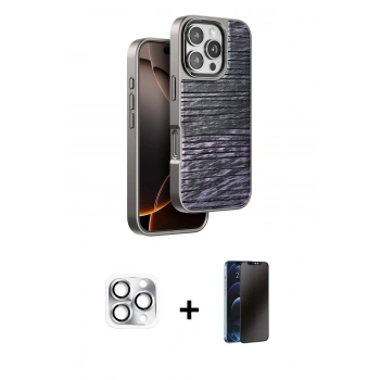 MARSİLYAN™- iPhone 16 Pro Max Kılıf Atlas Minimal Özel Seri - Siyah 3D Antistatik Hayalet Cam Ekran Koruyucu + Pers Alüminyum Kamera Lens - GS
