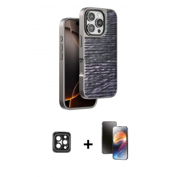 MARSİLYAN™- iPhone 16 Pro Max Kılıf Atlas Minimal Özel Seri - Siyah 3D Antistatik Mat Seramik Nano Ekran Koruyucu + PVD Metal Kamera Lens - SH