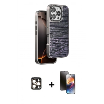 MARSİLYAN™- iPhone 16 Pro Max Kılıf Atlas Minimal Özel Seri - Siyah 3D Antistatik Mat Seramik Nano Ekran Koruyucu + PVD Metal Kamera Lens - GD