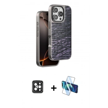 MARSİLYAN™- iPhone 16 Pro Max Kılıf Atlas Minimal Özel Seri - Siyah 3D Antistatik Seramik Nano Ekran Koruyucu + PVD Metal Kamera Lens - SH