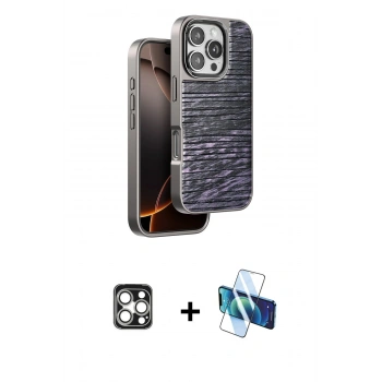 MARSİLYAN™- iPhone 16 Pro Max Kılıf Atlas Minimal Özel Seri - Siyah 3D Antistatik Seramik Nano Ekran Koruyucu + PVD Metal Kamera Lens - GS