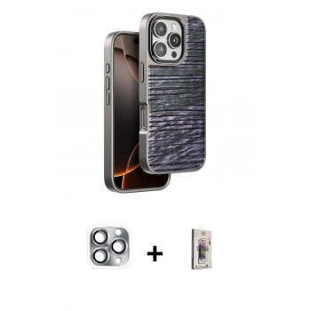 MARSİLYAN™- iPhone 16 Pro Max Kılıf Atlas Minimal Özel Seri - Siyah Bilvis 3D Cam Ekran Koruyucu + Pers Alüminyum Kamera Lens - GI