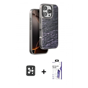 MARSİLYAN™- iPhone 16 Pro Max Kılıf Atlas Minimal Özel Seri - Siyah Bilvis 3X AR HD Cam Ekran Koruyucu + PVD Metal Kamera Lens - SH