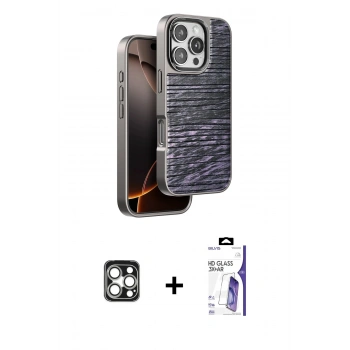 MARSİLYAN™- iPhone 16 Pro Max Kılıf Atlas Minimal Özel Seri - Siyah Bilvis 3X AR HD Cam Ekran Koruyucu + PVD Metal Kamera Lens - GS