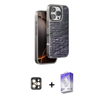MARSİLYAN™- iPhone 16 Pro Max Kılıf Atlas Minimal Özel Seri - Siyah Bilvis 5in1 3D Magic Cam Ekran Koruyucu + PVD Metal Kamera Lens - GD