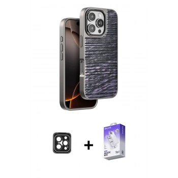 MARSİLYAN™- iPhone 16 Pro Max Kılıf Atlas Minimal Özel Seri - Siyah Bilvis 5in1 3D Magic Cam Ekran Koruyucu + PVD Metal Kamera Lens - SH