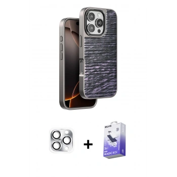 MARSİLYAN™- iPhone 16 Pro Max Kılıf Atlas Minimal Özel Seri - Siyah Bilvis 5in1 5D Magic Hayalet Cam Ekran Koruyucu + Pers Alüminyum Kamera Lens - GS