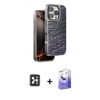MARSİLYAN™- iPhone 16 Pro Max Kılıf Atlas Minimal Özel Seri - Siyah Bilvis 5in1 5D Magic Hayalet Cam Ekran Koruyucu + PVD Metal Kamera Lens - SH