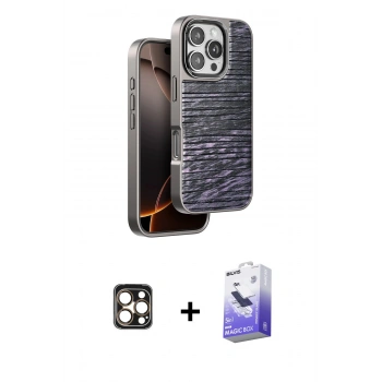 MARSİLYAN™- iPhone 16 Pro Max Kılıf Atlas Minimal Özel Seri - Siyah Bilvis 5in1 5D Magic Hayalet Cam Ekran Koruyucu + PVD Metal Kamera Lens - GD