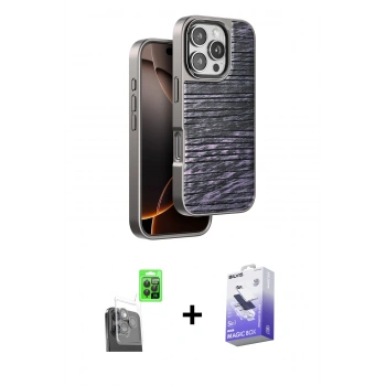 MARSİLYAN™- iPhone 16 Pro Max Kılıf Atlas Minimal Özel Seri - Siyah Bilvis 5in1 5D Magic Hayalet Cam Ekran Koruyucu + Raze Metal Kamera Lens - SH