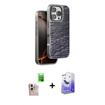 MARSİLYAN™- iPhone 16 Pro Max Kılıf Atlas Minimal Özel Seri - Siyah Bilvis 5in1 5D Magic Hayalet Cam Ekran Koruyucu + Raze Metal Kamera Lens - NLGY