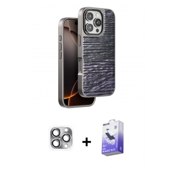 MARSİLYAN™- iPhone 16 Pro Max Kılıf Atlas Minimal Özel Seri - Siyah Bilvis 5in1 5D Magic Hayalet Cam Ekran Koruyucu + Pers Alüminyum Kamera Lens - GI