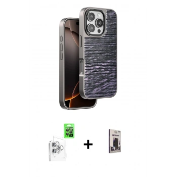 MARSİLYAN™- iPhone 16 Pro Max Kılıf Atlas Minimal Özel Seri - Siyah Bilvis Hayalet Cam Ekran Koruyucu + Raze Metal Kamera Lens - BZ