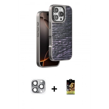 MARSİLYAN™- iPhone 16 Pro Max Kılıf Atlas Minimal Özel Seri - Siyah Buffer Cam Ekran Koruyucu + Pers Alüminyum Kamera Lens - GI