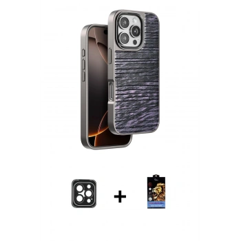 MARSİLYAN™- iPhone 16 Pro Max Kılıf Atlas Minimal Özel Seri - Siyah Buffer Hayalet Cam Ekran Koruyucu + PVD Metal Kamera Lens - SH