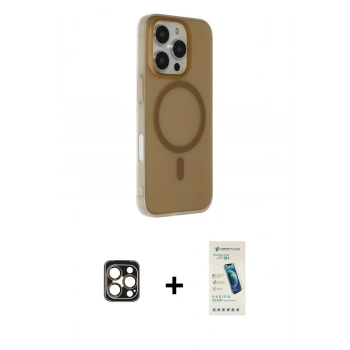 MARSİLYAN™- iPhone 16 Pro Max Kılıf Çekirdek Modern Prime - Şeffaf Pasifik Cam Ekran Koruyucu + PVD Metal Kamera Lens - GD