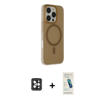 MARSİLYAN™- iPhone 16 Pro Max Kılıf Çekirdek Modern Prime - Şeffaf Pasifik Cam Ekran Koruyucu + PVD Metal Kamera Lens - SH