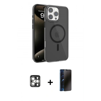 MARSİLYAN™- iPhone 16 Pro Max Kılıf Doruk Doku Özel Seri - Siyah 3D Antistatik Hayalet Cam Ekran Koruyucu + PVD Metal Kamera Lens - GS