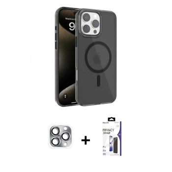 MARSİLYAN™- iPhone 16 Pro Max Kılıf Doruk Doku Özel Seri - Siyah Bilvis 3X AR Hayalet Cam Ekran Koruyucu + Pers Alüminyum Kamera Lens - GI