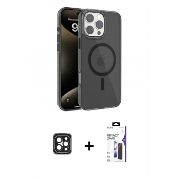 MARSİLYAN™- iPhone 16 Pro Max Kılıf Doruk Doku Özel Seri - Siyah Bilvis 3X AR Hayalet Cam Ekran Koruyucu + PVD Metal Kamera Lens - SH