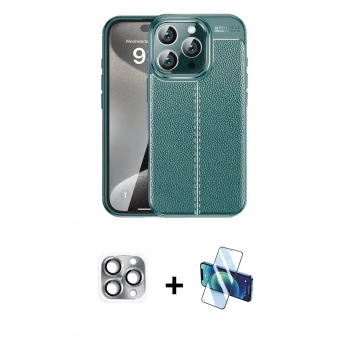 MARSİLYAN™- iPhone 16 Pro Max Kılıf Doruk Klasik Özel Seri - Siyah 3D Antistatik Cam Ekran Koruyucu + Pers Alüminyum Kamera Lens - GI