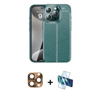 MARSİLYAN™- iPhone 16 Pro Max Kılıf Doruk Klasik Özel Seri - Siyah 3D Antistatik Cam Ekran Koruyucu + Pers Alüminyum Kamera Lens - CLTM