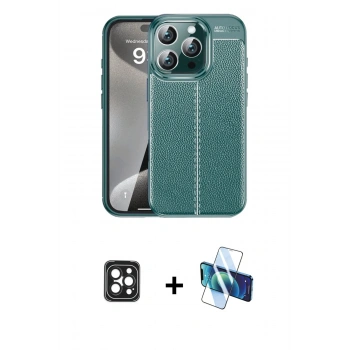 MARSİLYAN™- iPhone 16 Pro Max Kılıf Doruk Klasik Özel Seri - Siyah 3D Antistatik Cam Ekran Koruyucu + PVD Metal Kamera Lens - SH