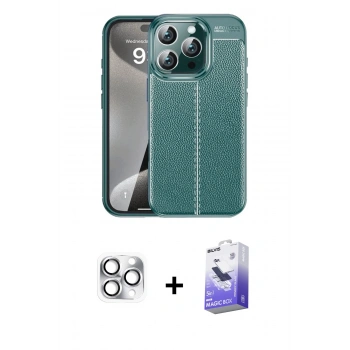 MARSİLYAN™- iPhone 16 Pro Max Kılıf Doruk Klasik Özel Seri - Siyah Bilvis 5in1 5D Magic Hayalet Cam Ekran Koruyucu + Pers Alüminyum Kamera Lens - GS