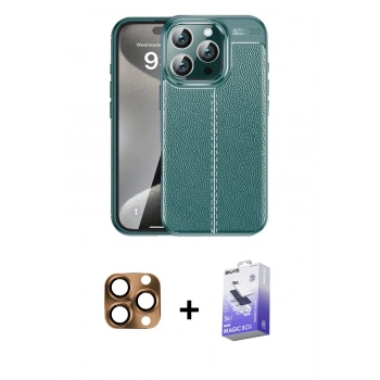 MARSİLYAN™- iPhone 16 Pro Max Kılıf Doruk Klasik Özel Seri - Siyah Bilvis 5in1 5D Magic Hayalet Cam Ekran Koruyucu + Pers Alüminyum Kamera Lens - CLTM