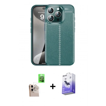 MARSİLYAN™- iPhone 16 Pro Max Kılıf Doruk Klasik Özel Seri - Siyah Bilvis 5in1 5D Magic Hayalet Cam Ekran Koruyucu + Raze Metal Kamera Lens - NLGY