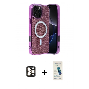 MARSİLYAN™- iPhone 16 Pro Max Kılıf Eksen Çizgi - Şeffaf Pasifik Cam Ekran Koruyucu + PVD Metal Kamera Lens - GD