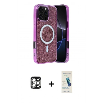 MARSİLYAN™- iPhone 16 Pro Max Kılıf Eksen Çizgi - Şeffaf Pasifik Cam Ekran Koruyucu + PVD Metal Kamera Lens - GS