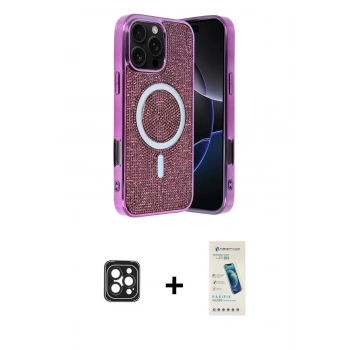 MARSİLYAN™- iPhone 16 Pro Max Kılıf Eksen Çizgi - Şeffaf Pasifik Cam Ekran Koruyucu + PVD Metal Kamera Lens - SH