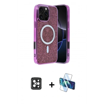 MARSİLYAN™- iPhone 16 Pro Max Kılıf Eksen Çizgi - Siyah 3D Antistatik Cam Ekran Koruyucu + PVD Metal Kamera Lens - SH