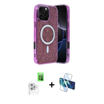 MARSİLYAN™- iPhone 16 Pro Max Kılıf Eksen Çizgi - Siyah 3D Antistatik Cam Ekran Koruyucu + Raze Metal Kamera Lens - BZ