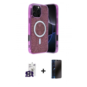 MARSİLYAN™- iPhone 16 Pro Max Kılıf Eksen Çizgi - Siyah 3D Antistatik Hayalet Cam Ekran Koruyucu + Bilvis Titan Kamera Lens - TMGI