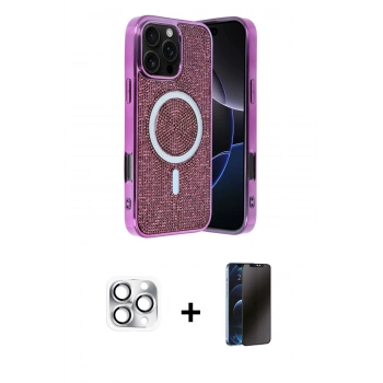 MARSİLYAN™- iPhone 16 Pro Max Kılıf Eksen Çizgi - Siyah 3D Antistatik Hayalet Cam Ekran Koruyucu + Pers Alüminyum Kamera Lens - GS