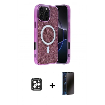 MARSİLYAN™- iPhone 16 Pro Max Kılıf Eksen Çizgi - Siyah 3D Antistatik Hayalet Cam Ekran Koruyucu + PVD Metal Kamera Lens - SH